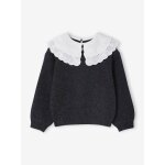 Pull fille double col brod� maille mousseuse anthracite