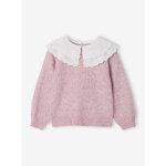 Pull fille double col brod� maille mousseuse rose