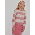 Pull fille � rayures avec torsades rose