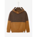Pull garon col crois maille fantaisie effet color block noisette