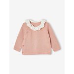 Pull naissance fille col en broderie anglaise rose