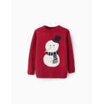 Pull de no�l en maille jacquard bonhomme de neige rouge fonc�