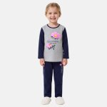 Pyjama manches longues imprim� fleurs fille bleu marine
