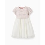 Robe bi - mati�re � manches courtes en tweed et maille rose clair