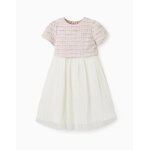 Robe bi - mati�re � manches courtes en tweed et maille rose clair