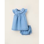 Robe + bloomer en jean avec volants bleu clair Robe + bloomer en jean avec volants bleu clair