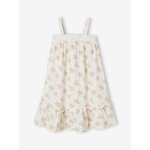 Robe à bretelles cérémonie détail en broderie anglaise fille détail en gaze de coton rose imprimé Robe à bretelles cérémonie détail en broderie anglaise fille détail en gaze de coton rose imprimé