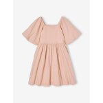 Robe crmonie smocks dos fille en tissu relif rose ple