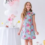 Robe chinoise �t� fleurie � col mao annam bleu turquoise fuchsia