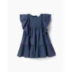 Robe en coton et lin avec manches � volants you&me bleu
