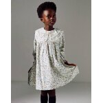 Robe en coton � motif floral et broderie b&s beige clair