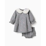 Robe en coton � motif vichy et imprim� floral bleu fonc�
