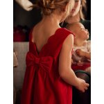Robe de fte en velours lisse fille noeud au dos rouge