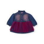 Robe fille bi - mati�re en jean et jupe en tulle brod� bleu