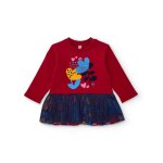 Robe fille en molleton et jersey � motif floral et volant rouge
