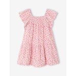 Robe fille � smocks imprim�e fleurs rose poudr�