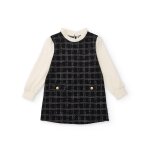 Robe pour fille en tissu  carreaux avec manches contrastantes noir