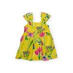Robe fille en tissu cha�ne et trame avec bretelles � volants jaune