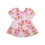 Robe fille en tissu tiss� au style romantique rose