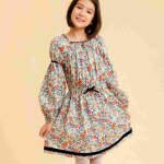 Robe fleurie � manches longues et col smocks chimene orange vert