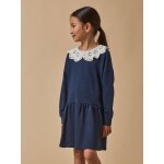 Robe grand col brod� - coton biologique marine