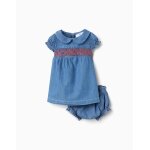 Robe en jean avec broderie et volants bleu