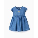 Robe en jean � manches courtes avec fleurs brod�es bleu