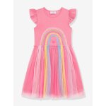 Robe avec jupe en tulle arc - en - ciel et manches volant�es fille danamade rose drag�e