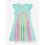 Robe avec jupe en tulle arc - en - ciel et manches volant�es fille danamade turquoise