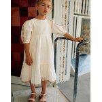Robe en lin � manches ballon et broderie beige