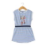 Robe manches courtes 100% coton fille fond blanc raye indigo