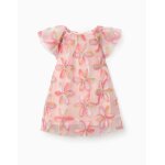 Robe � manches courtes en tulle avec fleurs 3d rose clair