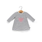 Robe manches longues 100% coton b�b� fille fond blanc casse raye indigo