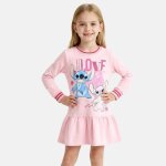 Robe manches longues imprim�e, col rond lilo & stitch rose p�le