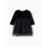Robe � manches longues en velours et tulle avec lurex noir