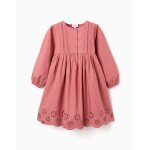 Robe en popeline � manches longues et broderie anglaise rose