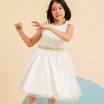 Robe de soire tulle paillettes hepburn blanche or