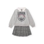 Robe sweat pour fille avec col chemise et jupe  carreaux gris