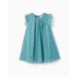 Robe en tulle sans manches � volants et fleurs bleu clair