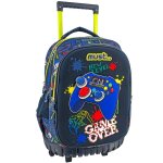 Sac � dos gar�on avec roulettes 3 compartiments game over 45 cm bleu / jaune / noir