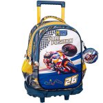 Sac � dos � roulettes gar�on moto pole position 45 cm - trolley scolaire bleu / jaune / blanc