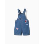 Salopette courte en jean avec broderies stitch bleu