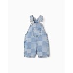 Salopette courte en jean � carreaux bleu clair