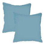 Set de 2 taies d'oreiller unies � franges, coton lav� bleu glacier