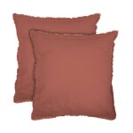 Set de 2 taies d'oreiller unies � franges, coton lav� terre cuite