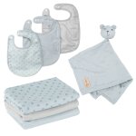 Set de 3 bavoirs en coton bio + 3 langes + 1 serviette doudou lil planet bleu clair - gris / ourson
