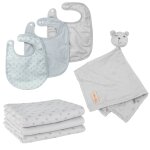Set de 3 bavoirs en coton bio + 3 langes + 1 serviette doudou lil planet gris argent - bleu / ourson ...