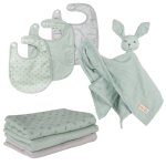 Set de 3 bavoirs en coton bio + 3 langes + 1 serviette doudou lil planet vert givré - gris / lapin Set de 3 bavoirs en coton bio + 3 langes + 1 serviette doudou lil planet vert givré - gris / lapin