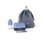 Set boite  goter enfant avec bouteille, couverts et sac  dos bleu infinity