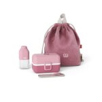 Set boite  goter enfant avec bouteille, couverts et sac  dos rose blush